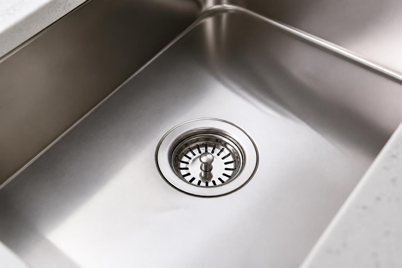 Clean kitchen sink drain in a finished kitchen