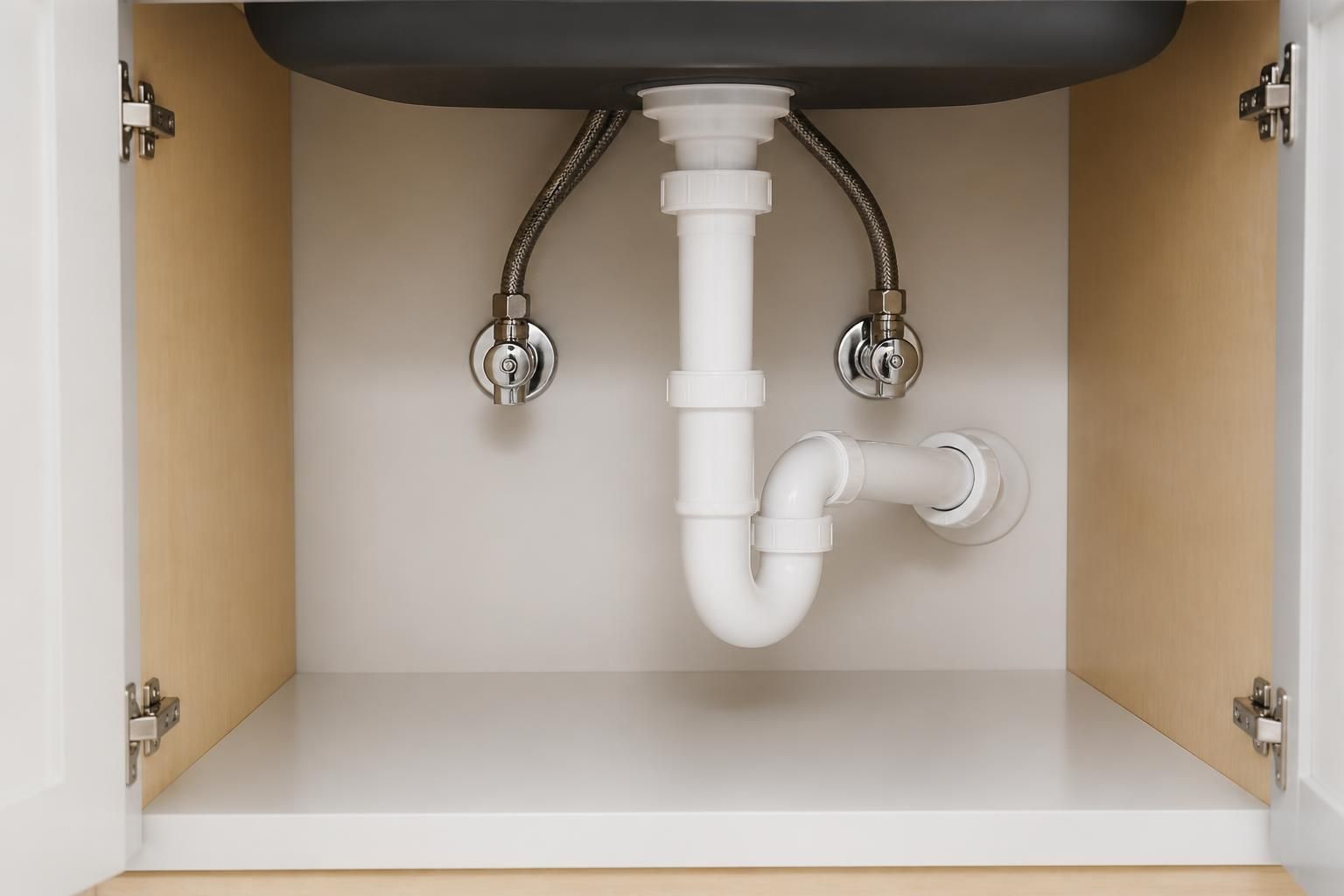Clean under-sink plumbing area with restored valves
