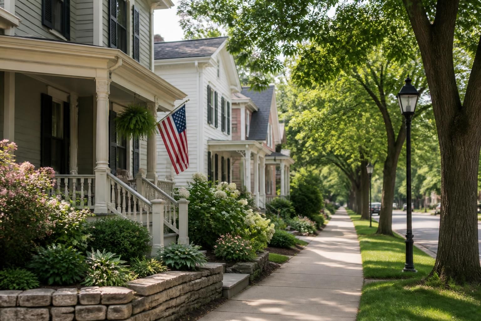 Fairport village street with classic homes and greenery