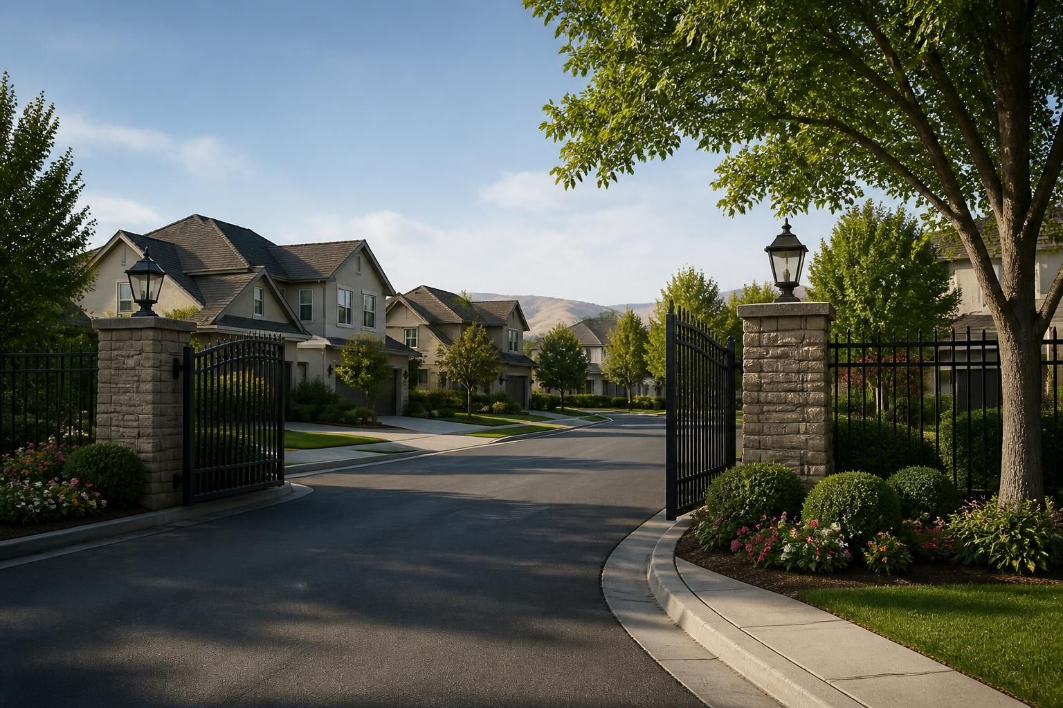 Gates suburban street with clean lawns and homes