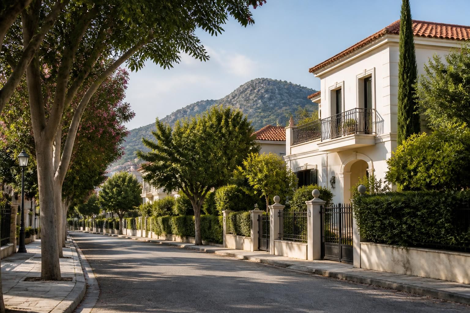Greece neighborhood street lined with trees and homes