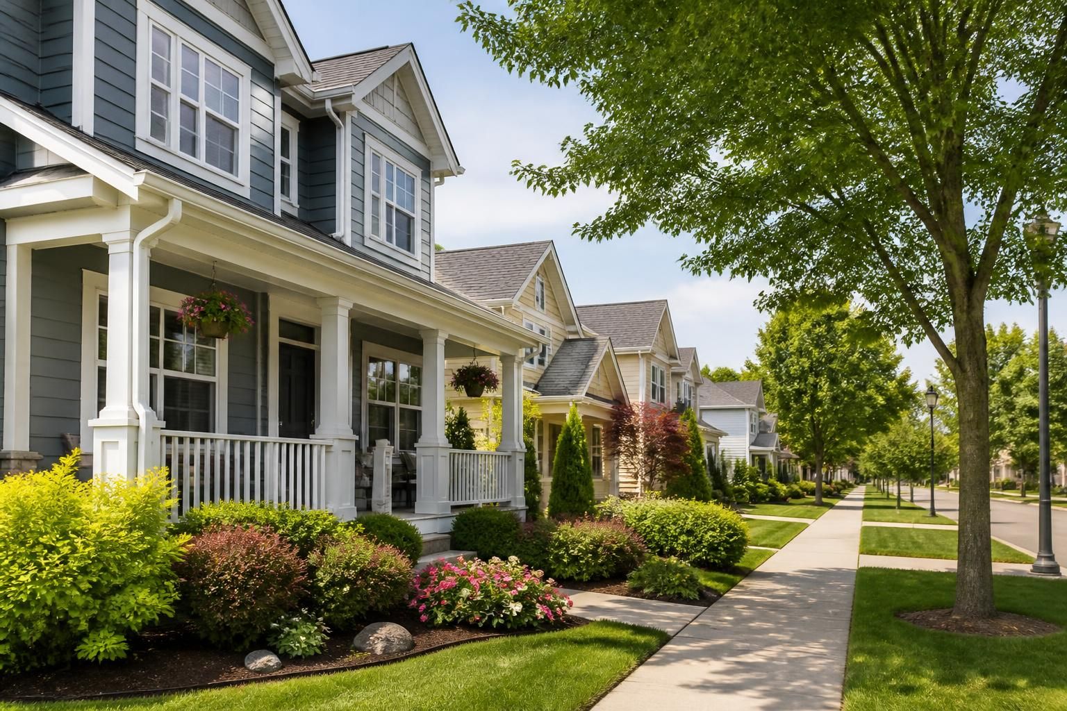Penfield neighborhood with bright homes and tidy landscaping