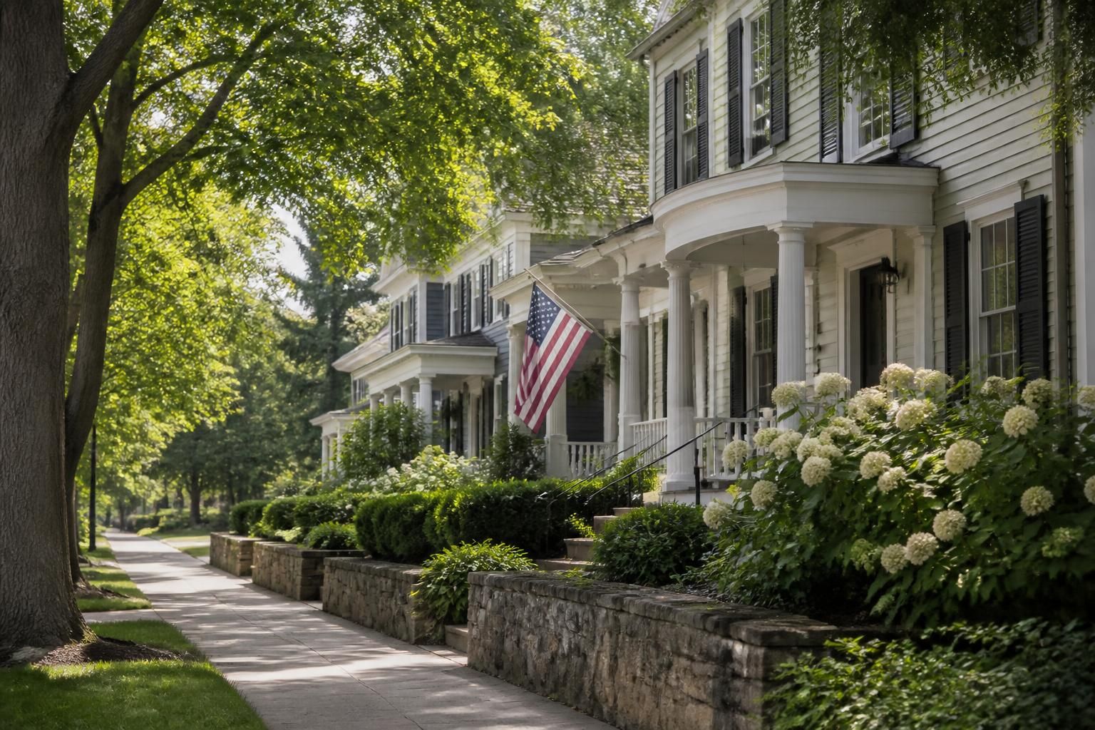 Pittsford village street with elegant homes and greenery