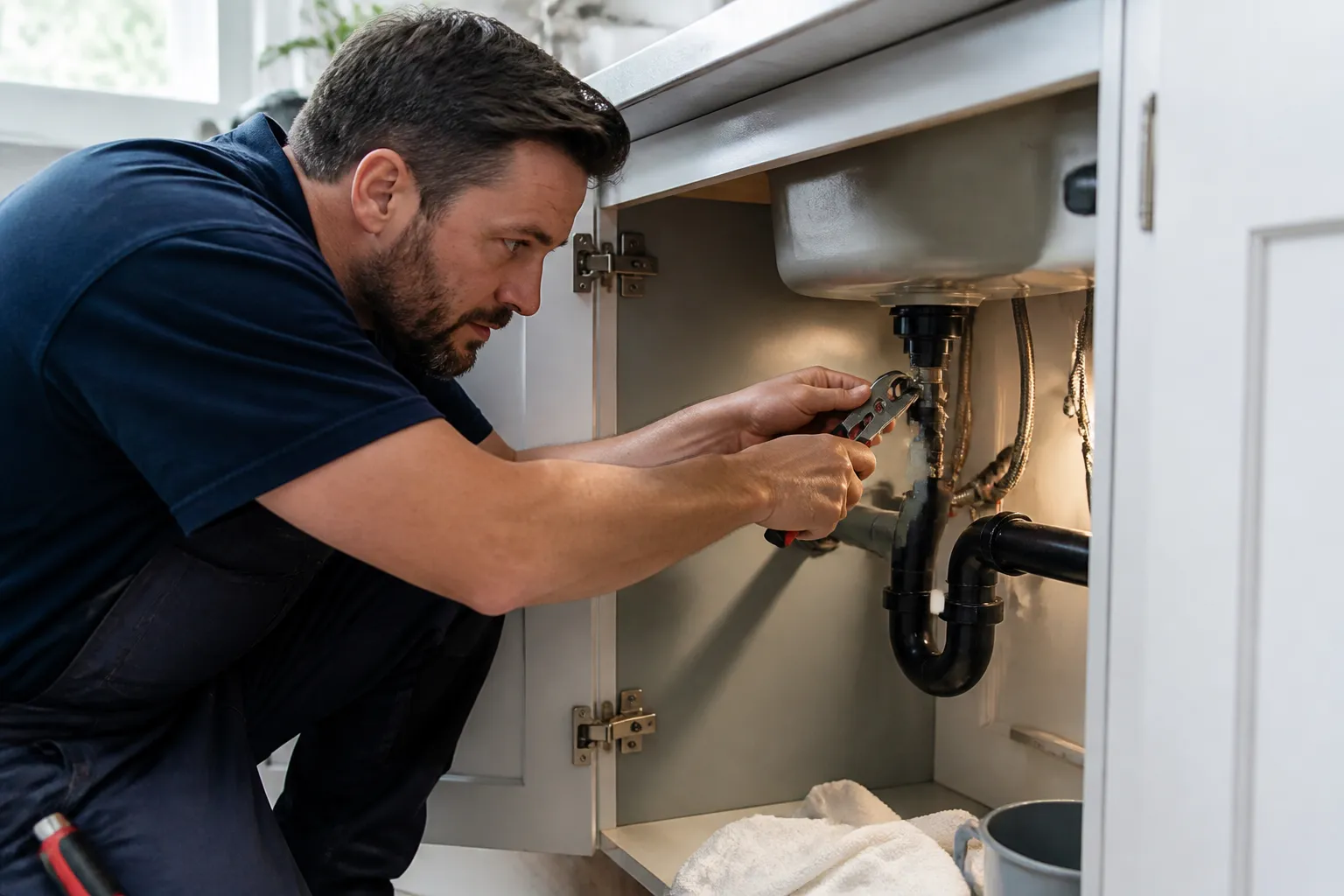 Plumber Working Under a Leaking Sink
