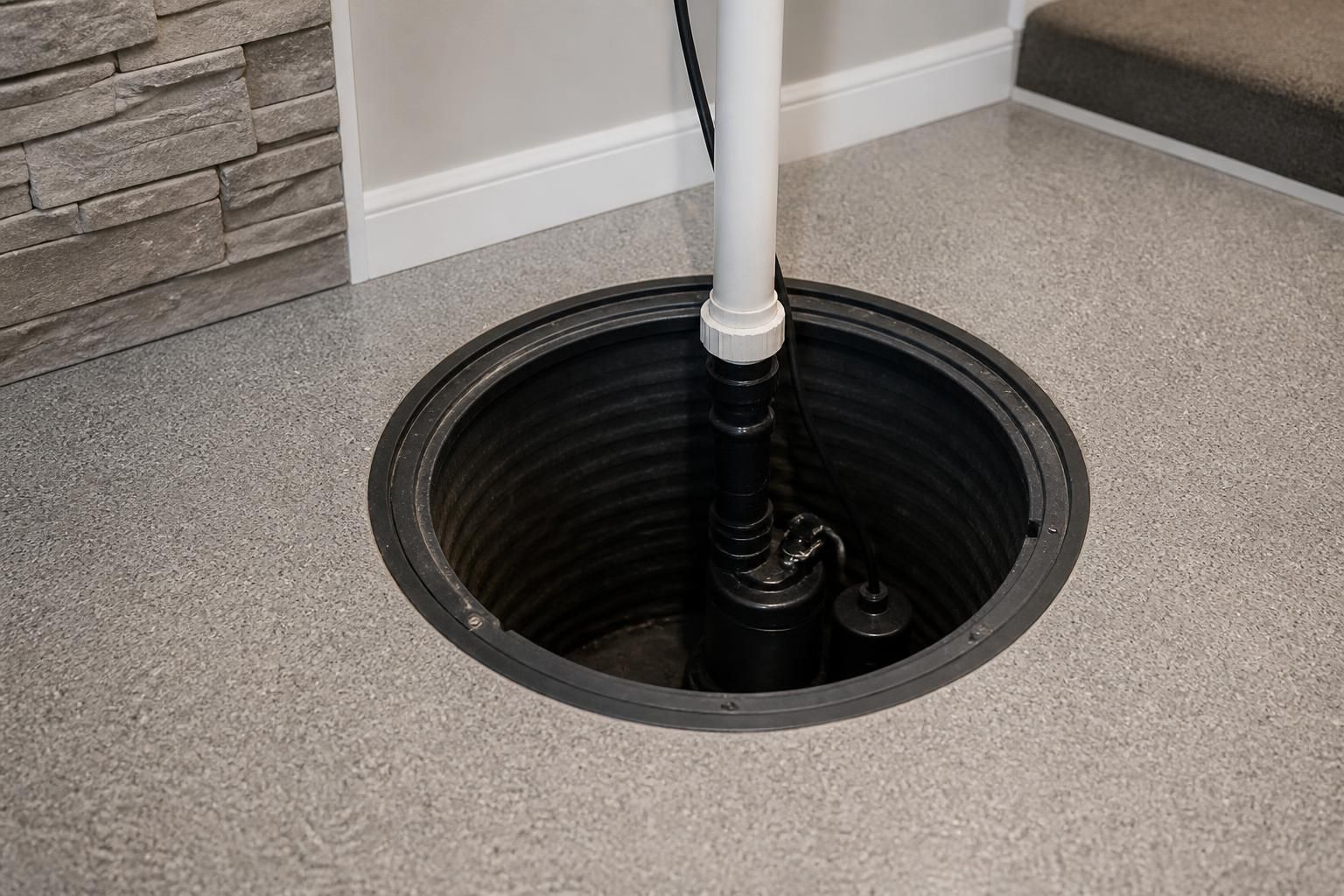 Clean sump pump basin in a finished basement
