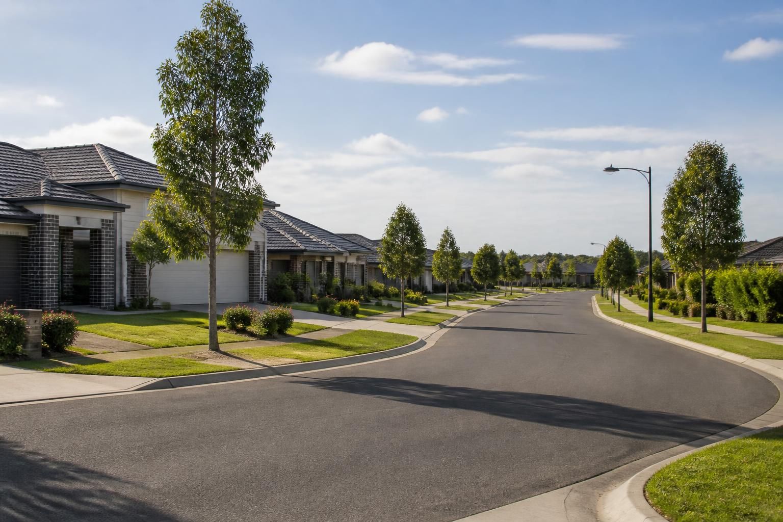 Victor suburban street with open space and homes