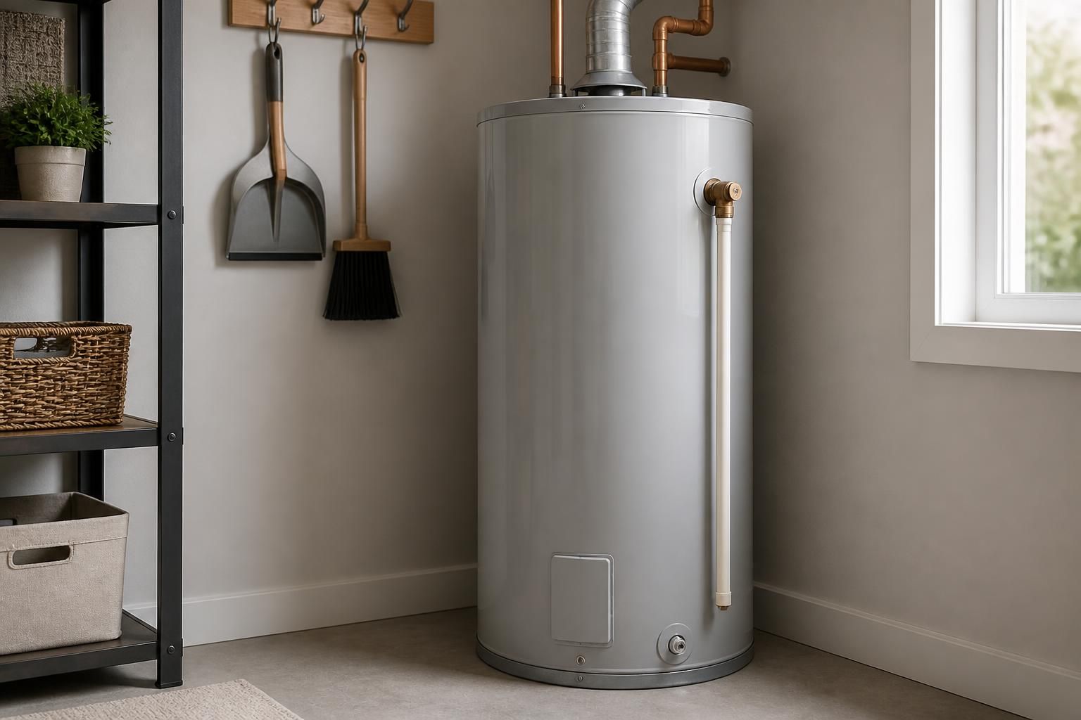 Clean water heater installed in a tidy utility room